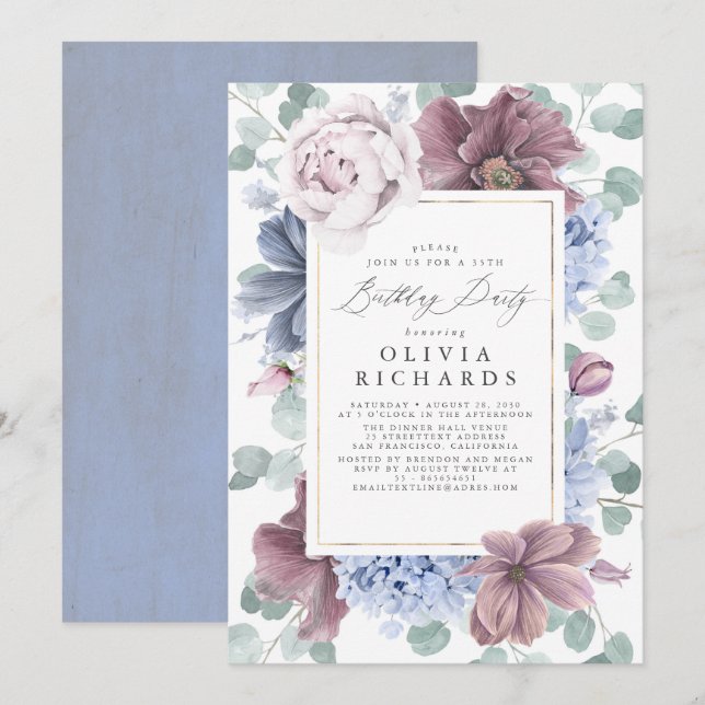 Mauve Dusty Blue Floral Elegant Modern Birthday Invitation (Front/Back)