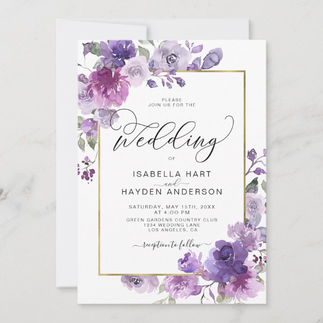 Mauve Dusty Purple Lilac Floral Gold Foil Wedding Invitation (Front)