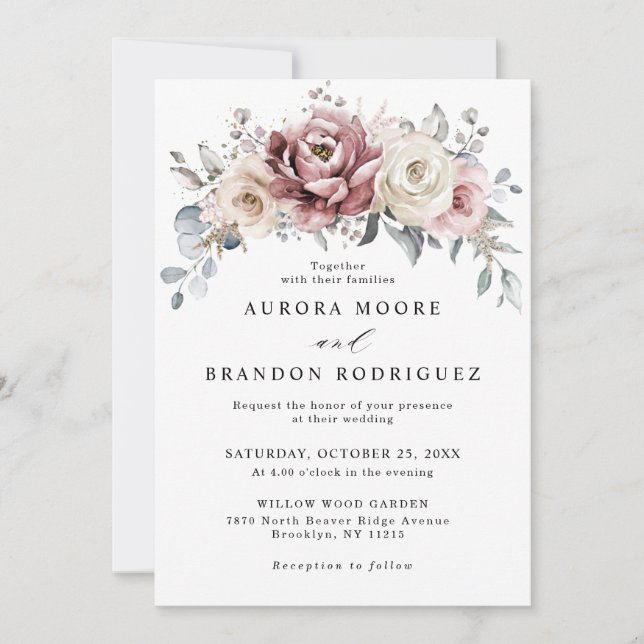 Mauve Dusty Rose Khaki Floral Wedding Invitation (Front)