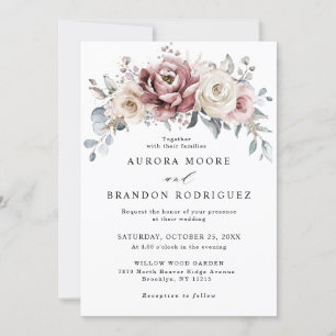 Mauve Dusty Rose Khaki Floral Wedding Invitation