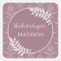 Mauve Elegant Damask Book Sticker