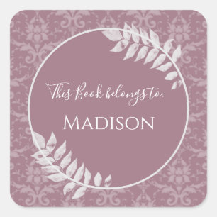 Mauve Elegant Damask Book Sticker
