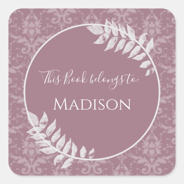 Mauve Elegant Damask Book Sticker (Front)