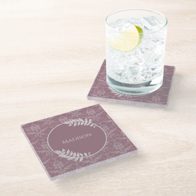 Mauve Elegant Damask Personalised Glass Coaster (Angled)