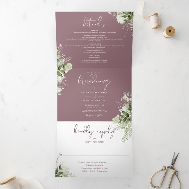 Mauve Elegant Greenery Floral Photo Wedding Tri-Fold Invitation (Inside)