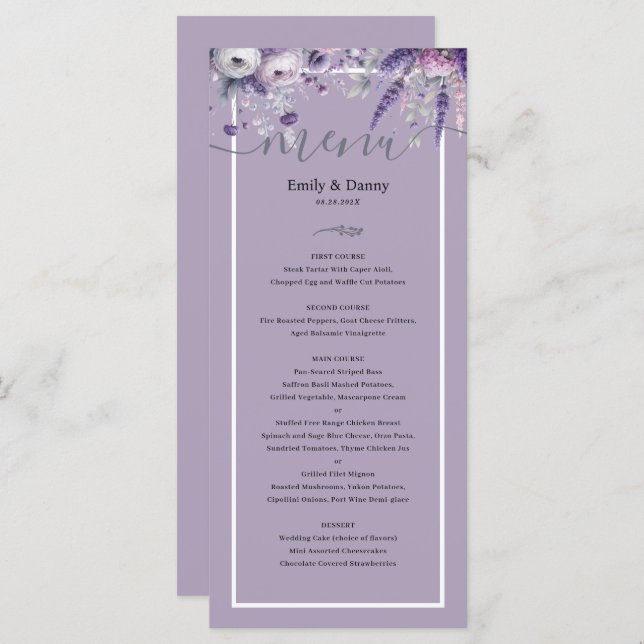 Mauve Elegant Lavender Botanical Wedding Menu (Front/Back)