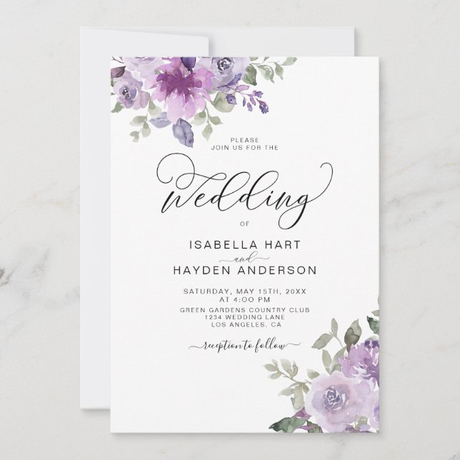 Mauve Elegant Lilac Dusty Purple Floral Wedding Invitation (Front)