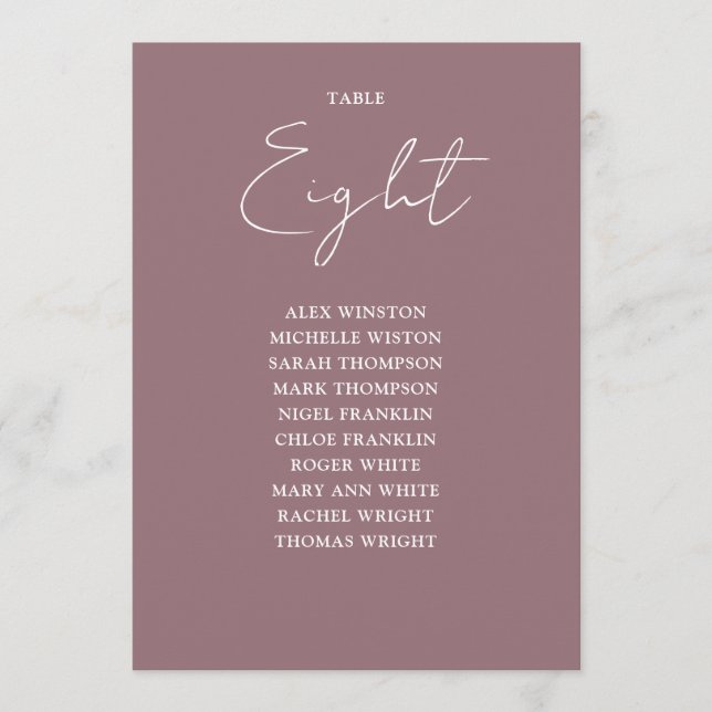 Mauve Elegant Modern Seating Chart Table Number (Front)