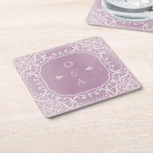 Mauve elegant romantic vintage monogram square paper coaster (Angled)