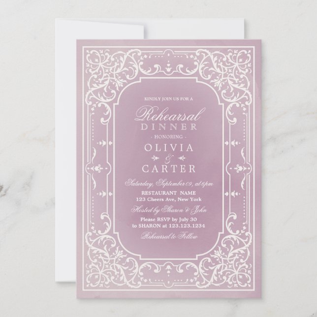 Mauve elegant romantic vintage rehearsal dinner invitation (Front)