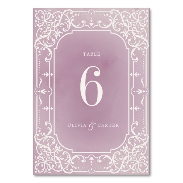 Mauve elegant romantic vintage wedding table card (Front)