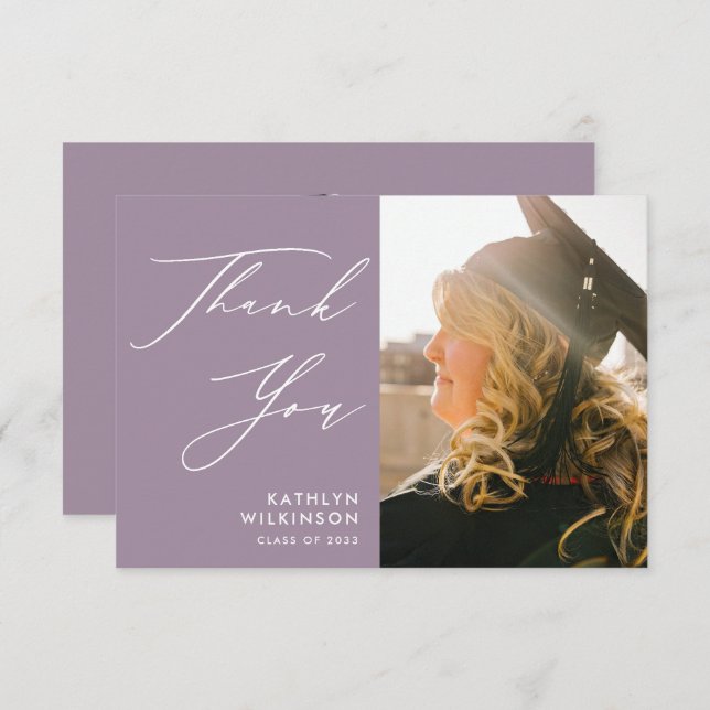 Mauve Elegant Script Minimalist Photo Graduation Thank You Card (Front/Back)