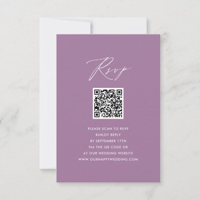 Mauve Elegant Script Minimalist QR Wedding RSVP Card (Front)