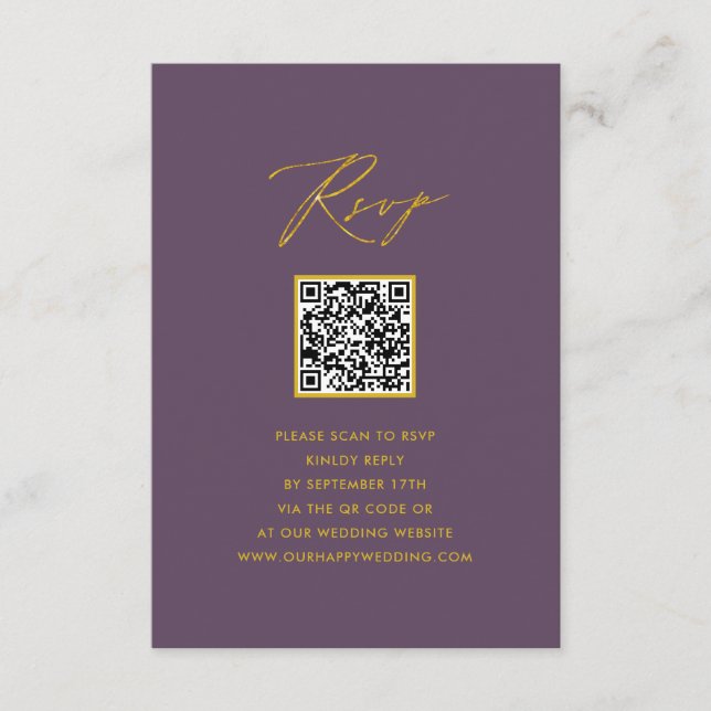 Mauve Elegant Script Minimalist QR Wedding RSVP Enclosure Card (Front)