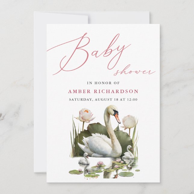 Mauve Elegant Script Minimalist Swan Baby Shower Invitation (Front)