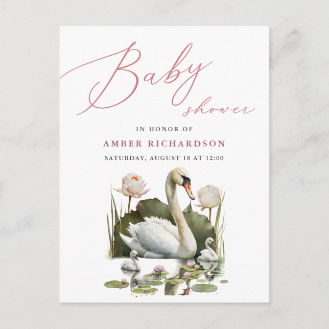 Mauve Elegant Script Minimalist Swan Baby Shower Invitation Postcard (Front)