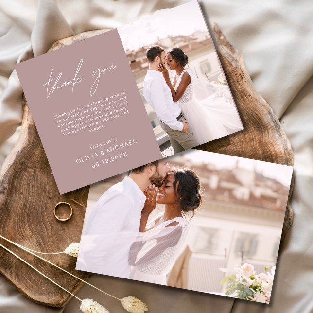 Mauve Elegant Script Photo Wedding Thank You Card (Creator Uploaded)