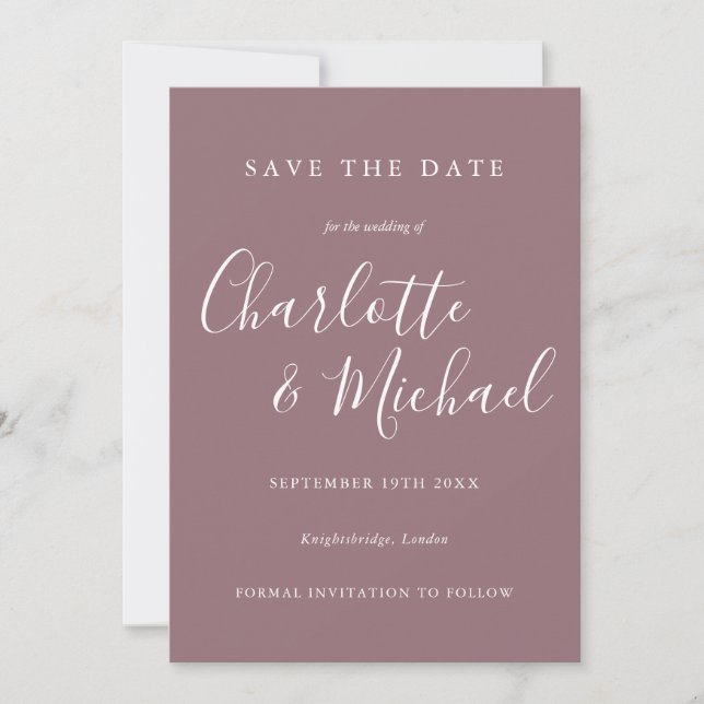 Mauve Elegant Signature Script Photo Save The Date (Front)