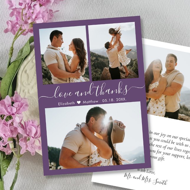 Mauve Elegant Thanks Script Photo Collage Wedding  Thank You Card (Creator Uploaded)