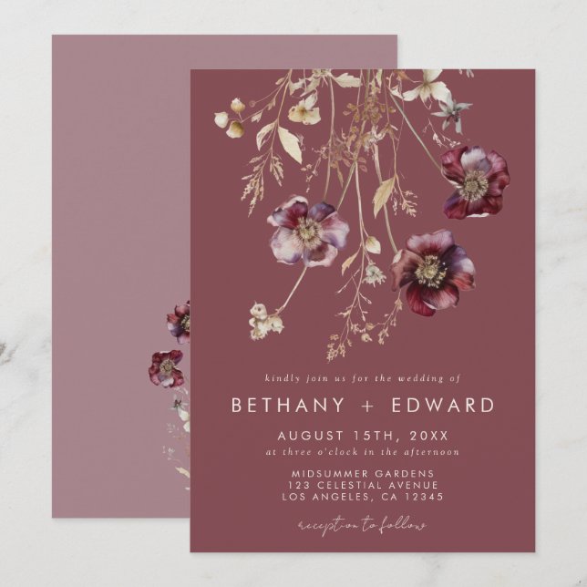 Mauve Fall Floral Wedding Invitation (Front/Back)