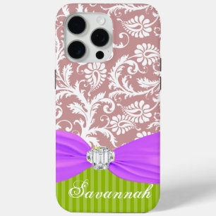 Mauve Faux Rhinstone Personalised Damask iPhone 15 Pro Max Case