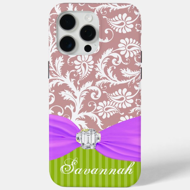 Mauve Faux Rhinstone Personalised Damask Case-Mate iPhone Case (Back)