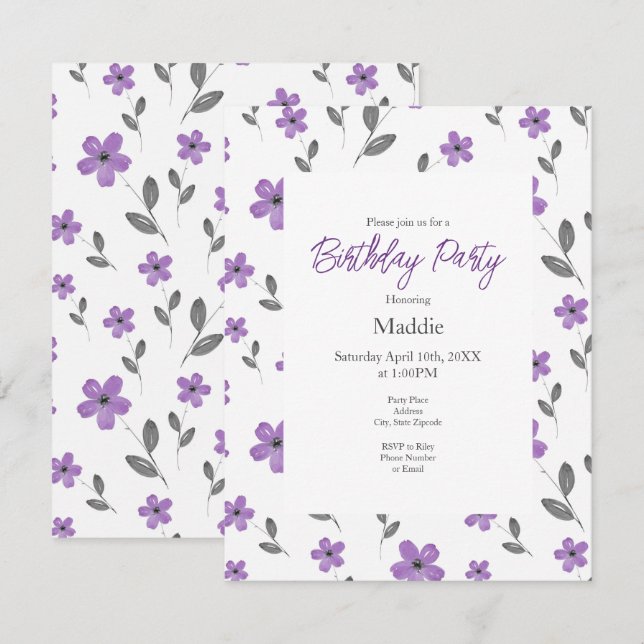 Mauve Five Petal Watercolor Flowers Pattern   Invitation (Front/Back)