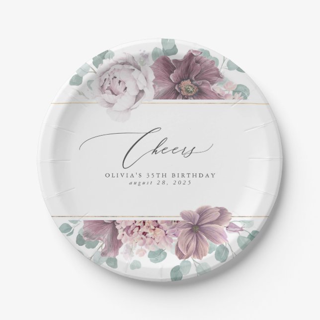 Mauve Floral Elegant Botanical Paper Plate (Front)