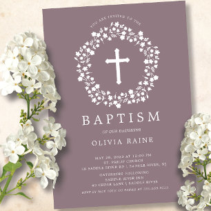 Mauve Floral Girls Baptism Invitation