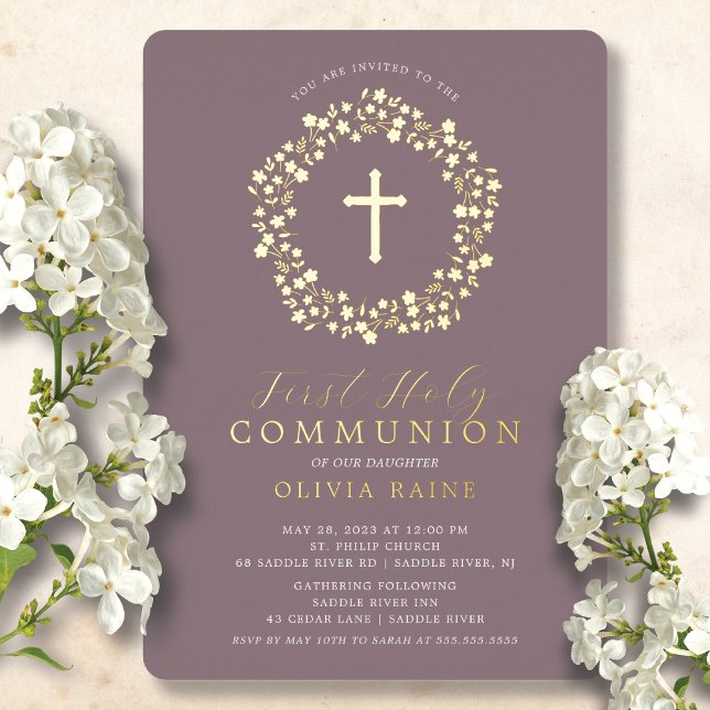 Mauve Floral Girls First Communion Foil Invitation (Creator Uploaded)