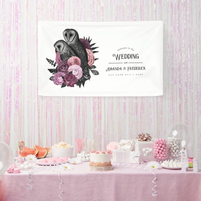 Mauve Floral Glam Gothic Owls Wedding Banner (Party)