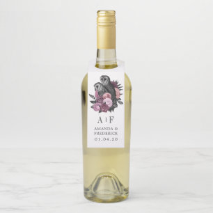 Mauve Floral Glam Gothic Owls Wedding Bottle Hange Bottle Tag