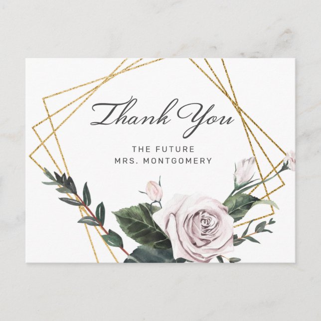 Mauve Floral Gold Frame Bridal Shower Thank You Postcard (Front)