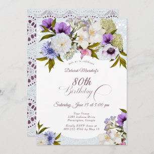 Mauve Floral Grandma's Garden 80th Invitation