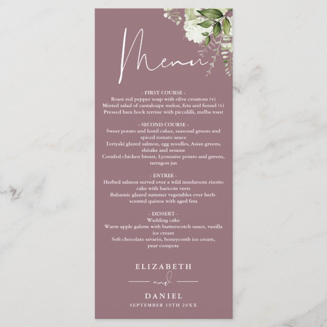 Mauve Floral Greenery Monogram Wedding Dinner Menu (Front)