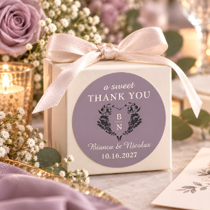 Mauve Floral Heart Monogram Wedding Thank You Classic Round Sticker