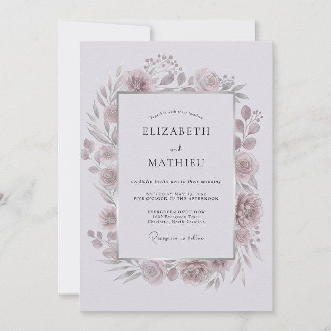 Mauve Floral Laurel Romance Wedding Invitation (Front)