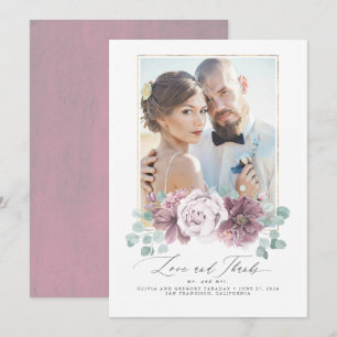 Mauve Floral Love and Thanks Wedding Thank You Invitation