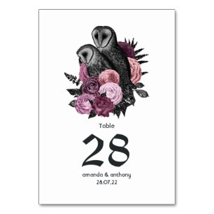 Mauve Floral Owls Gothic Wedding Table Number