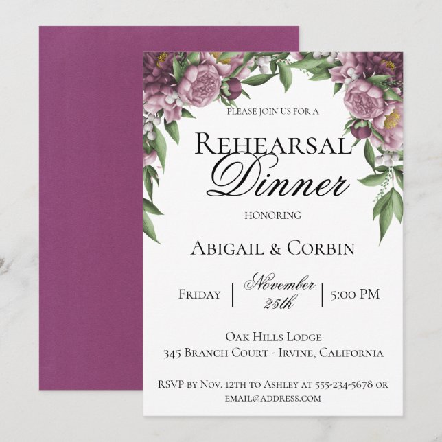 Mauve Floral Rehearsal Dinner Invitation (Front/Back)
