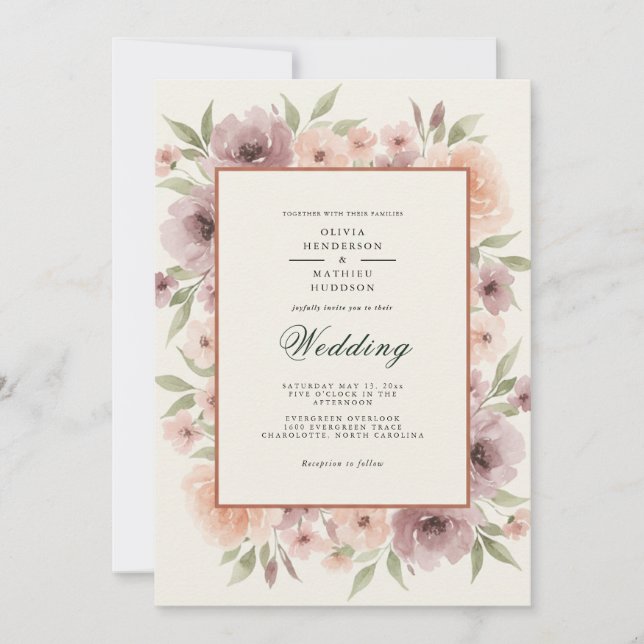 Mauve Floral Romantic Wedding Invitation (Front)