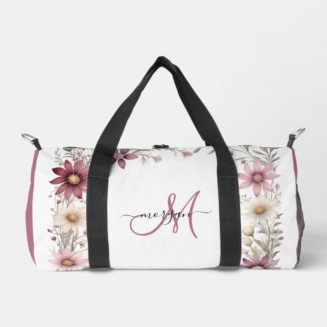 Mauve Floral Small Personalised Gym Duffel Bag (Front)