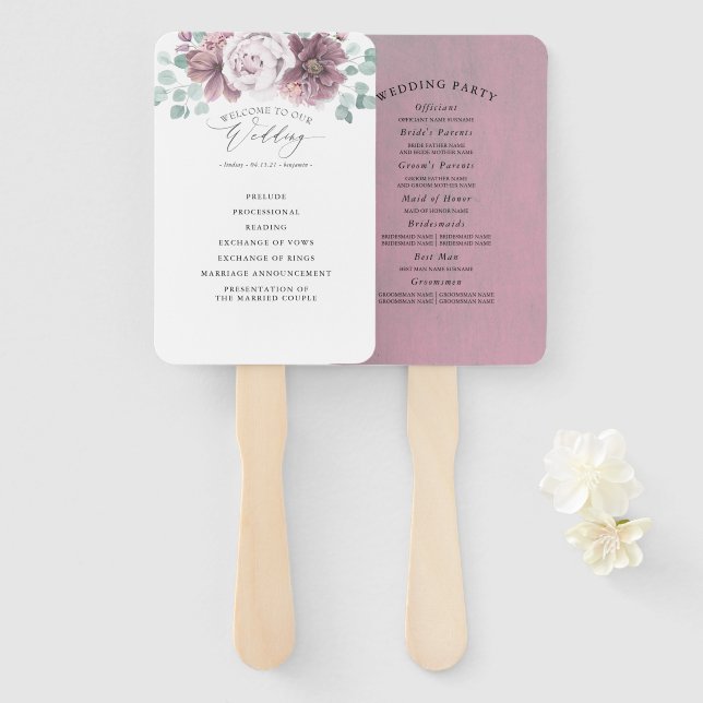 Mauve Floral Wedding Hand Fan (Front and Back)