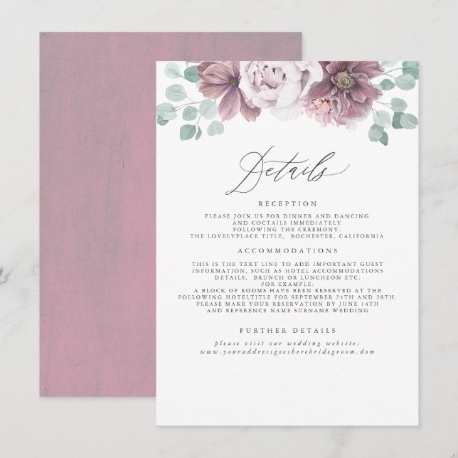 Mauve Floral Wedding Information Enclosure Card (Front/Back)