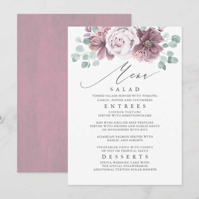 Mauve Floral Wedding Menu (Front/Back)