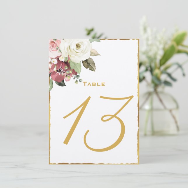 Mauve Florals Luxe Gold Edge Table Number (Standing Front)