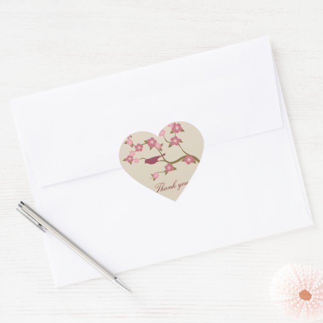Mauve Flower Bird Thank You Heart Sticker Grey (Envelope)