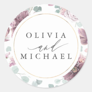 Mauve Flowers and Gold Frame Elegant Wedding Classic Round Sticker