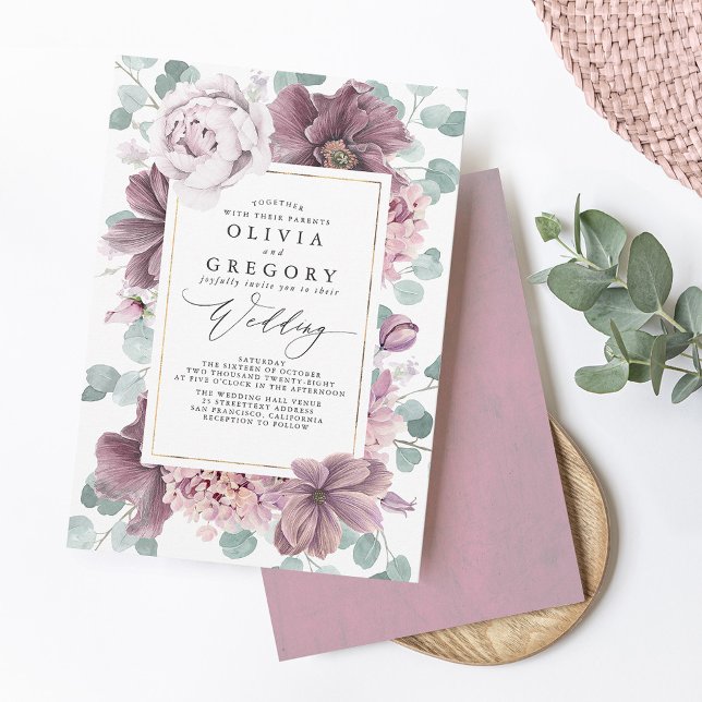 Mauve Flowers and Greenery Elegant Stylish Wedding Invitation (Creator Uploaded)