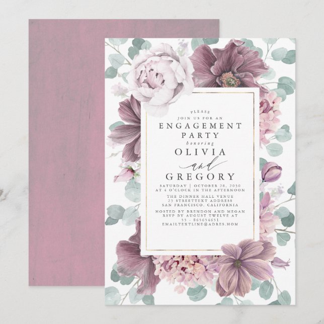 Mauve Flowers and Greenery Modern Engagement Party Invitation (Front/Back)